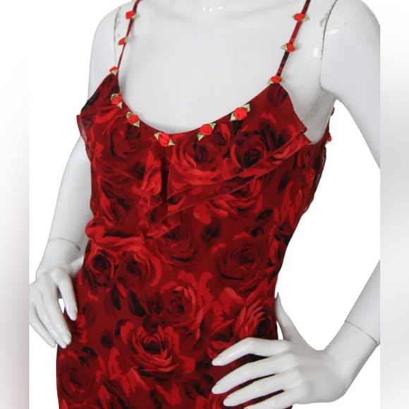 VINTAGE SILK CACHE MIDI DRESS ROSES 2 4 XS S - Picture 2 of 4